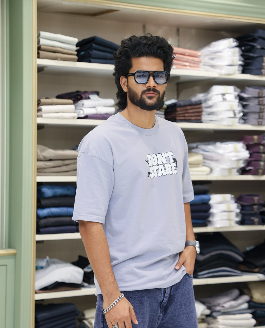 Grey Cotton-Blended T-shirt Features Funky and Bold Motifs Print, Half-Sleeves, Oversized Fit, Round Neck, and Regular Length