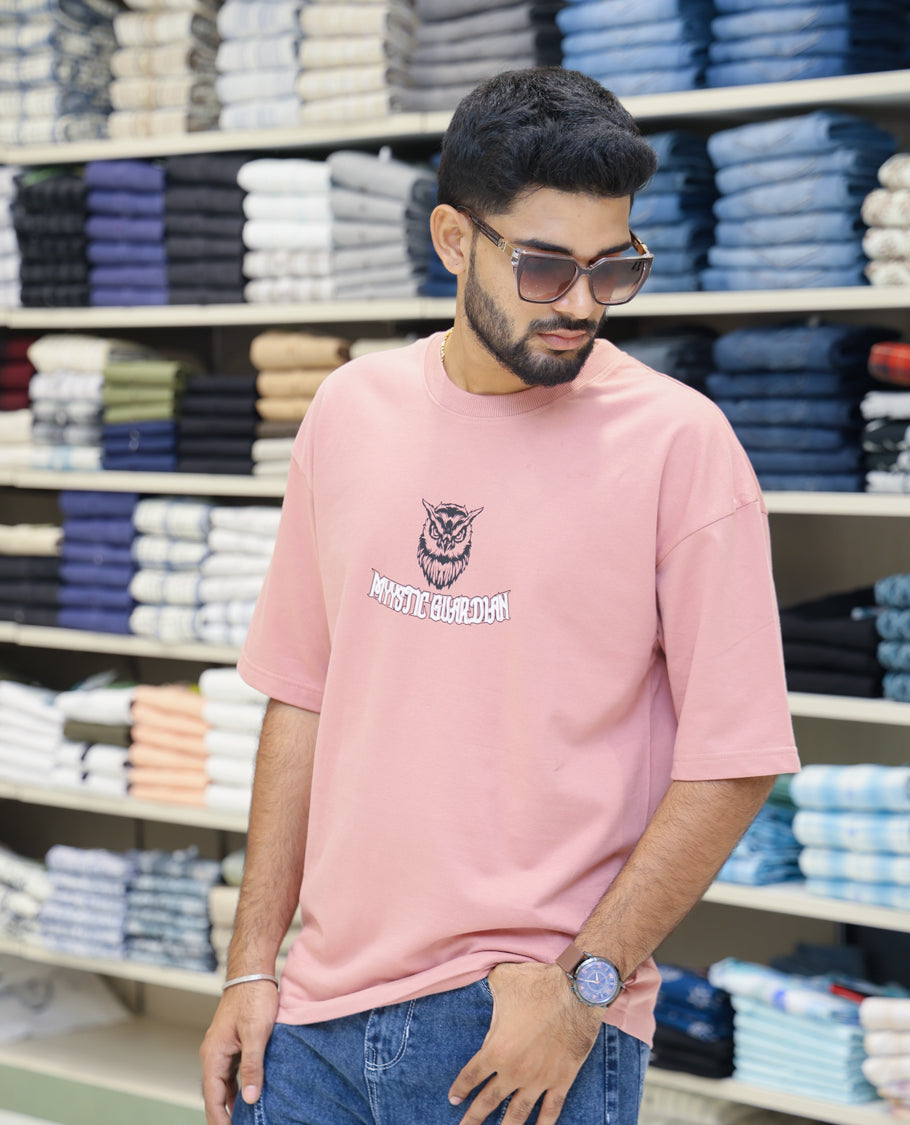 Pink Cotton-Blended T-shirt Features Funky and Bold Motifs Print, Half-Sleeves, Oversized Fit, Round Neck, and Regular Length