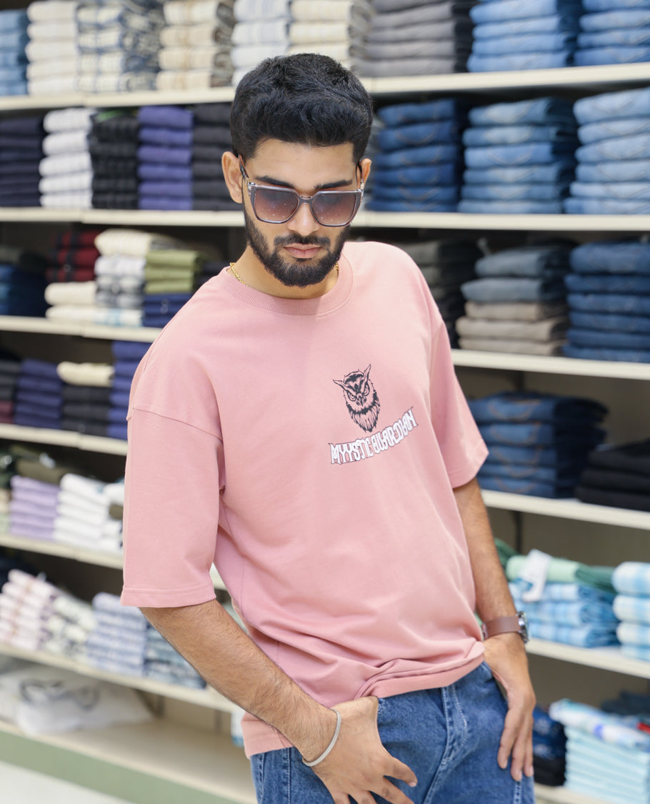 Pink Cotton-Blended T-shirt Features Funky and Bold Motifs Print, Half-Sleeves, Oversized Fit, Round Neck, and Regular Length