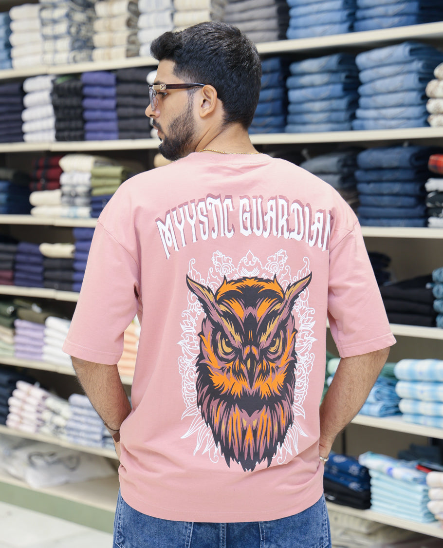 Pink Cotton-Blended T-shirt Features Funky and Bold Motifs Print, Half-Sleeves, Oversized Fit, Round Neck, and Regular Length
