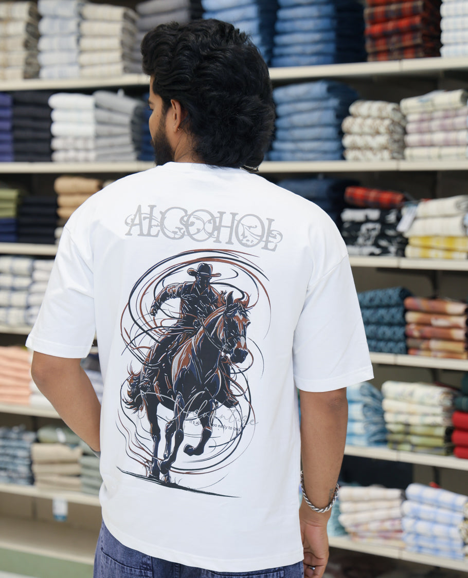 White Cotton-Blended T-shirt Features Funky and Bold Motifs Print, Half-Sleeves, Oversized Fit, Round Neck, and Regular Length