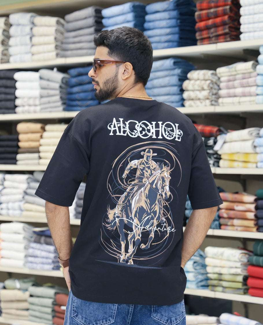 Black Cotton-Blended T-shirt Features Funky and Bold Motifs Print, Half-Sleeves, Oversized Fit, Round Neck, and Regular Length