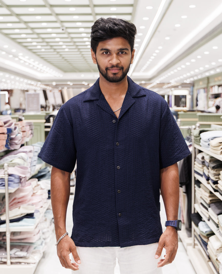 Navy Blue Poly-Blended Casual Shirt