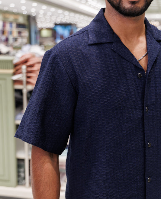 Navy Blue Poly-Blended Casual Shirt