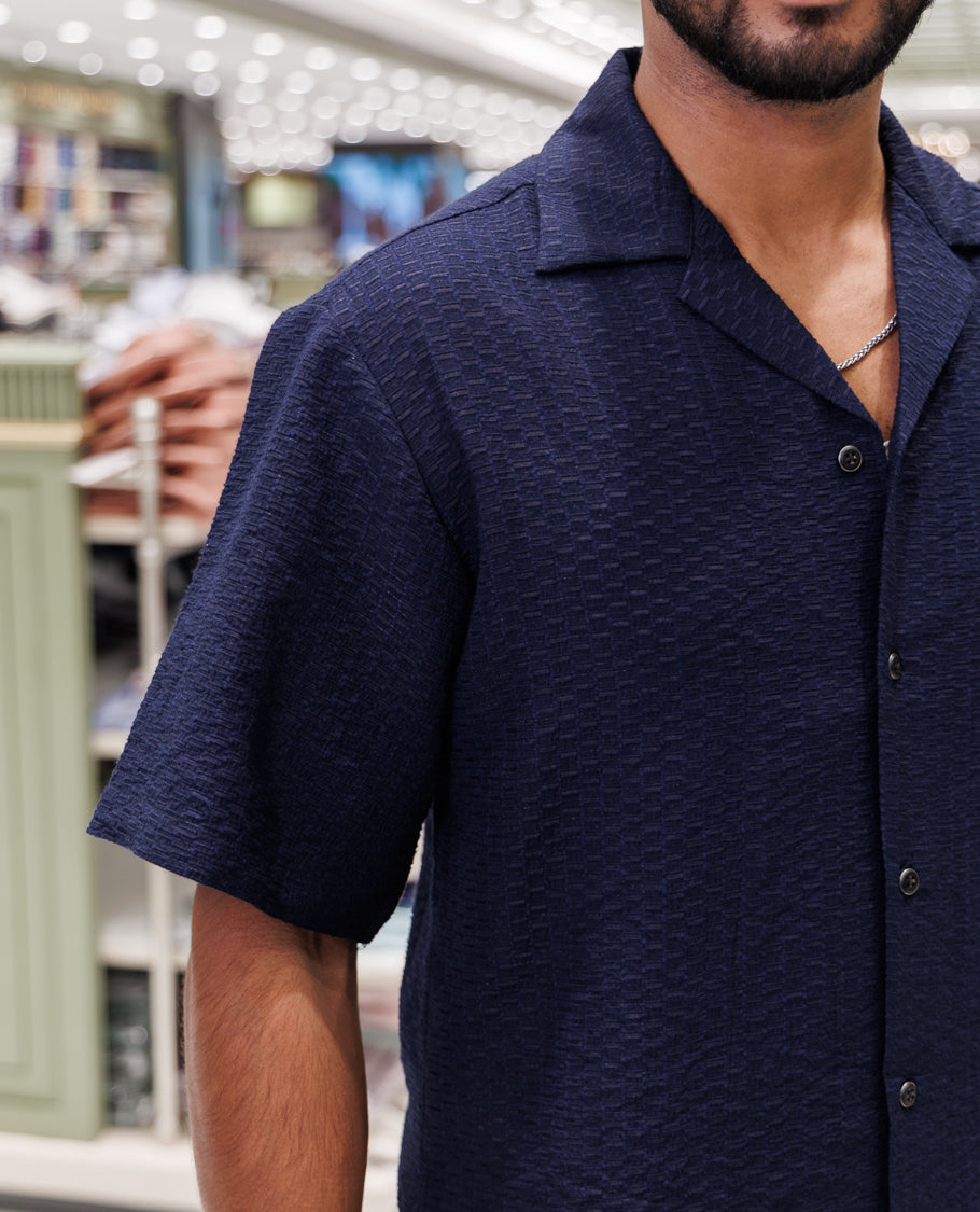 Navy Blue Poly-Blended Casual Shirt