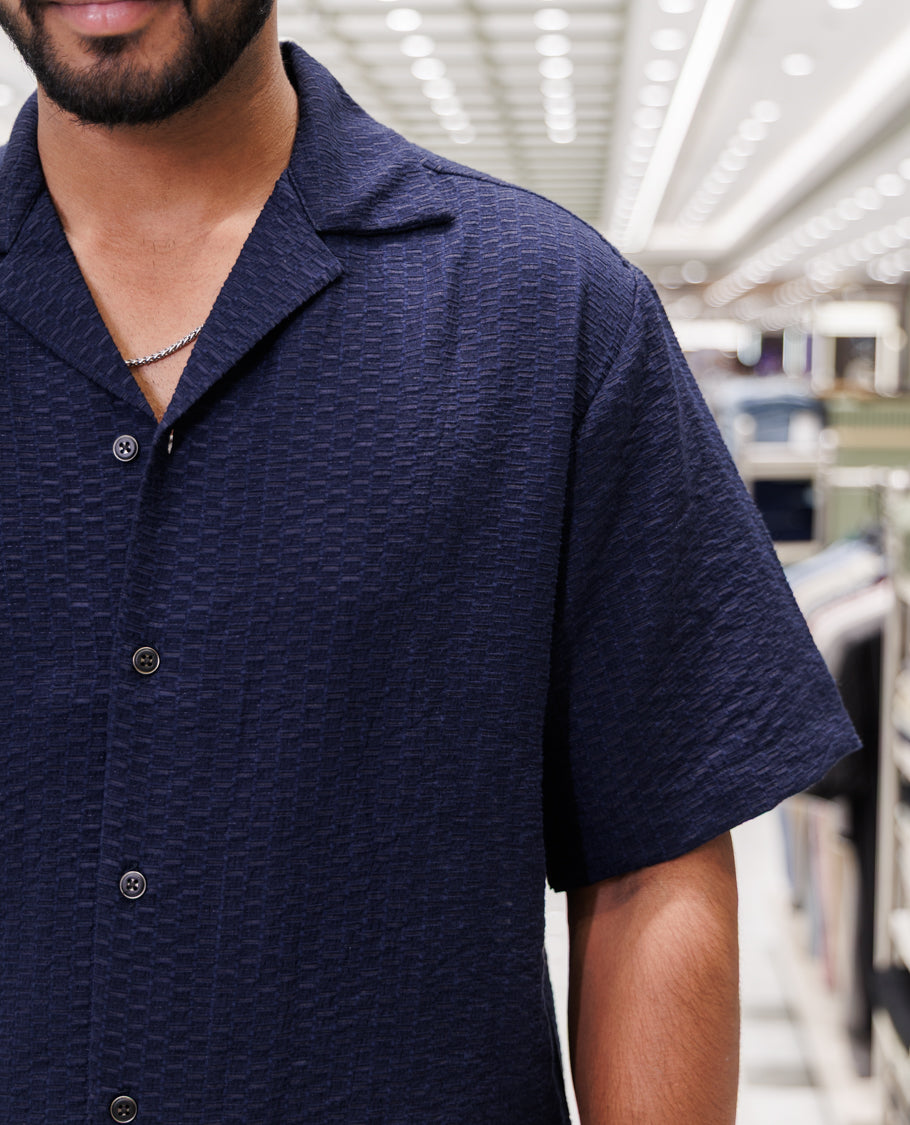 Navy Blue Poly-Blended Casual Shirt