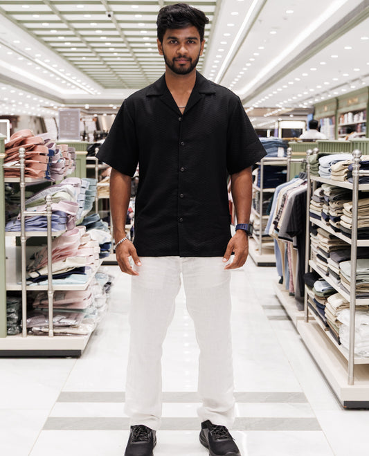 Black Cuban Collar Poly-Blended Casual Shirt
