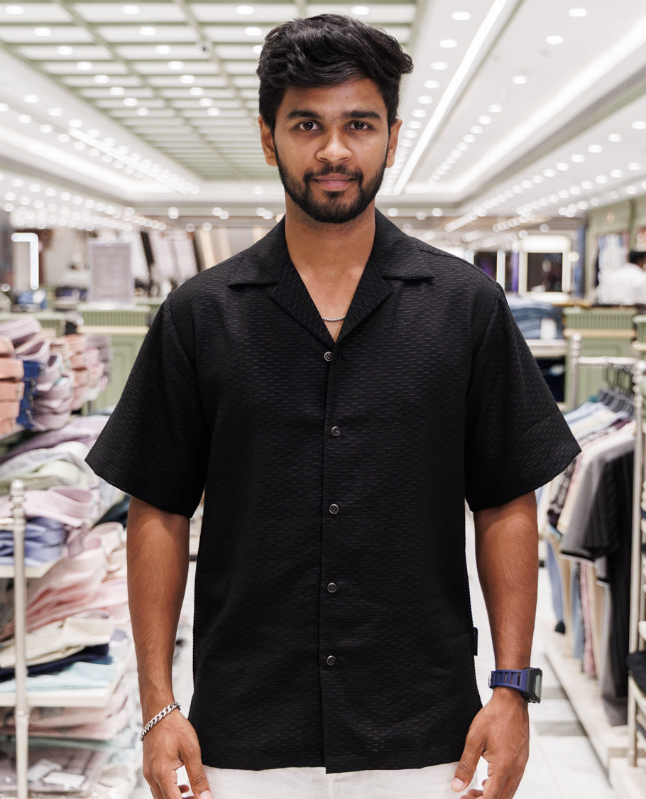 Black Cuban Collar Poly-Blended Casual Shirt
