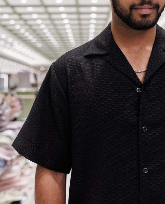 Black Cuban Collar Poly-Blended Casual Shirt
