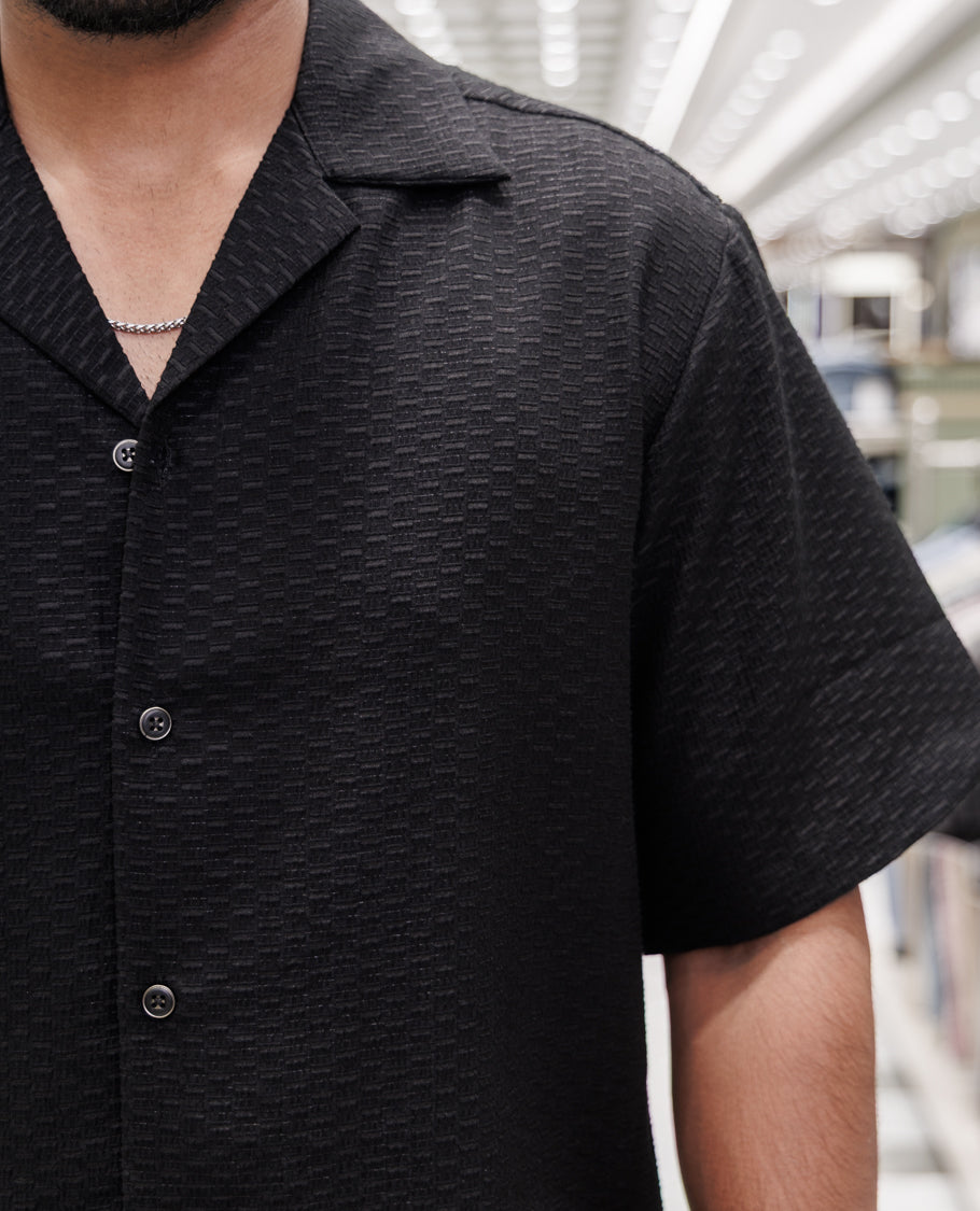 Black Cuban Collar Poly-Blended Casual Shirt