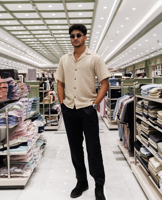 Beige Cuban Collar Poly-Blended Casual Shirt