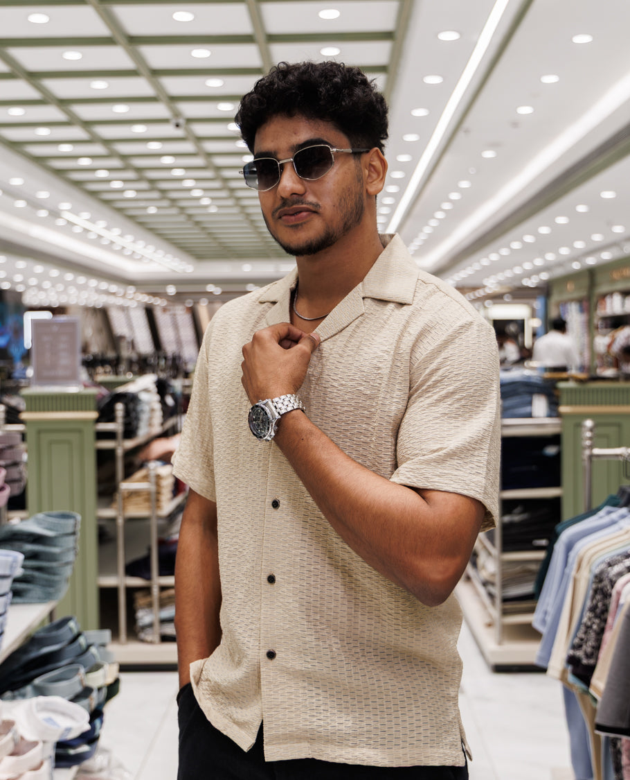 Beige Cuban Collar Poly-Blended Casual Shirt