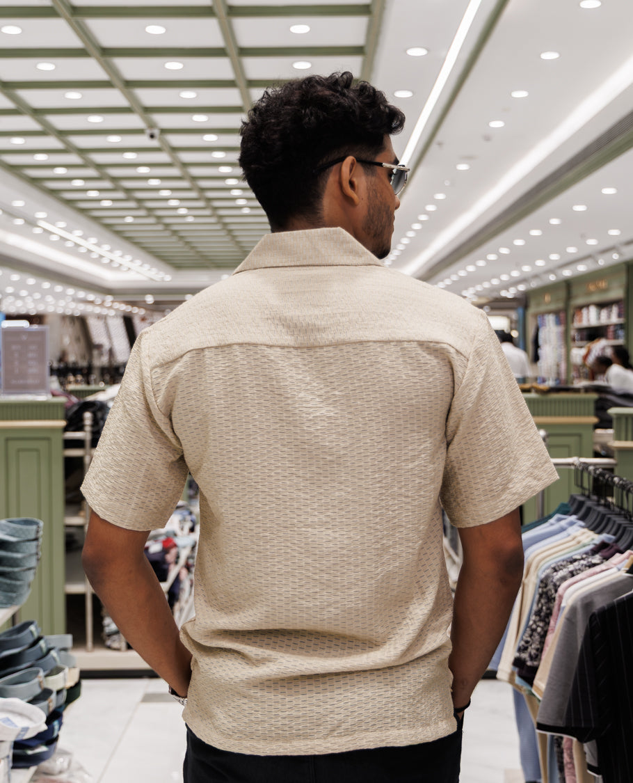 Beige Cuban Collar Poly-Blended Casual Shirt