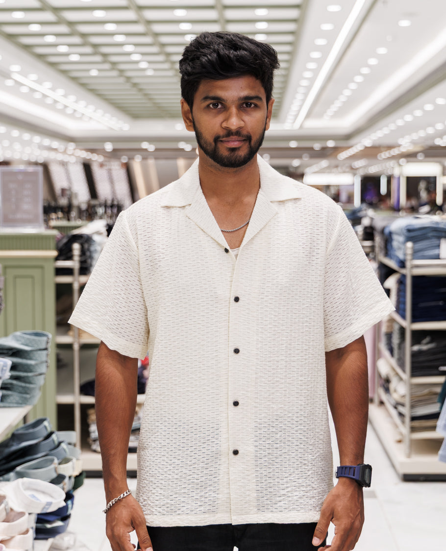 Cream Poly-Blended Casual Shirt
