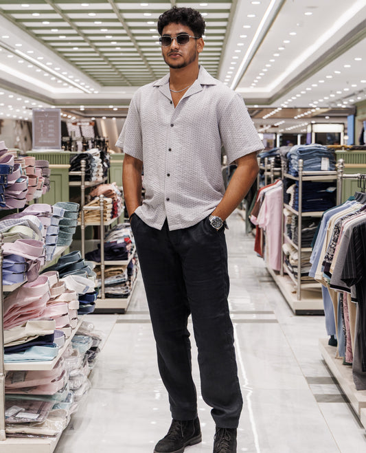 Grey Cuban Collar Poly-Blended Casual Shirt