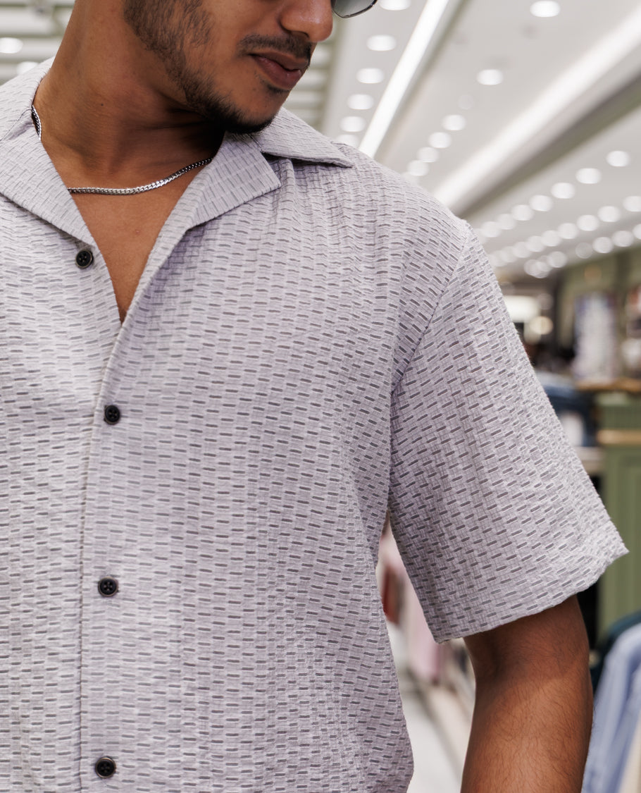 Grey Cuban Collar Poly-Blended Casual Shirt