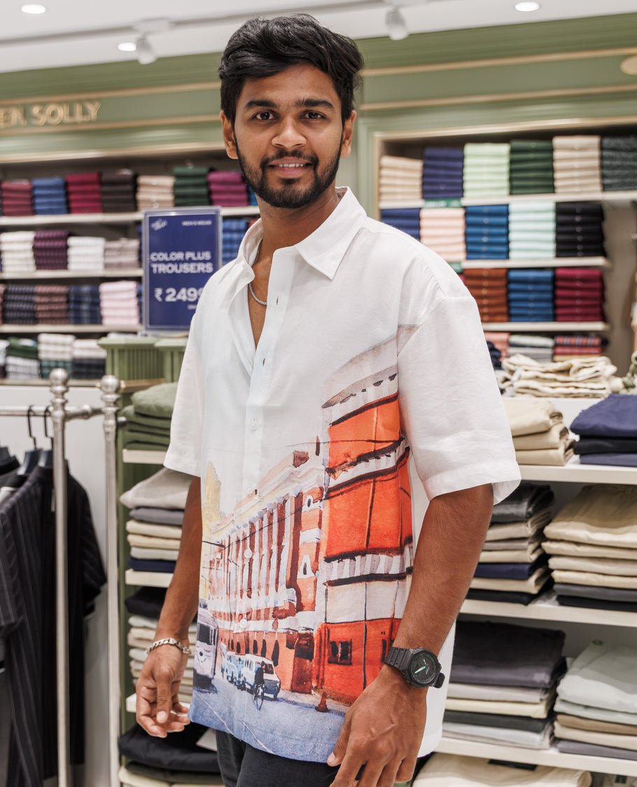 White Half Sleeves Cotton-Blended Casual Shirt