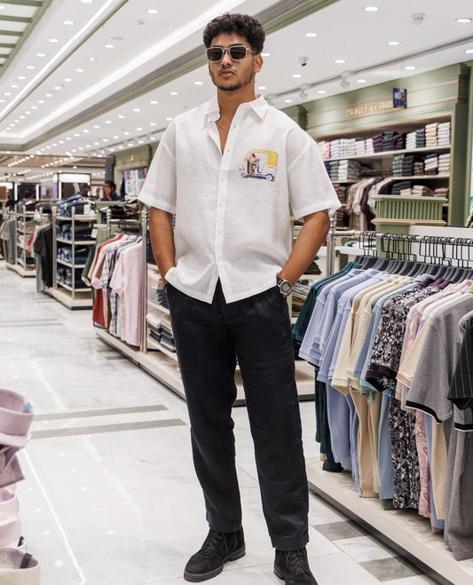 White Spread Collar Cotton Blended Casual Shirt