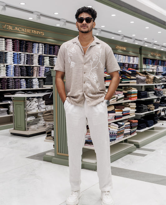Beige Poly-Blended Casual Shirt