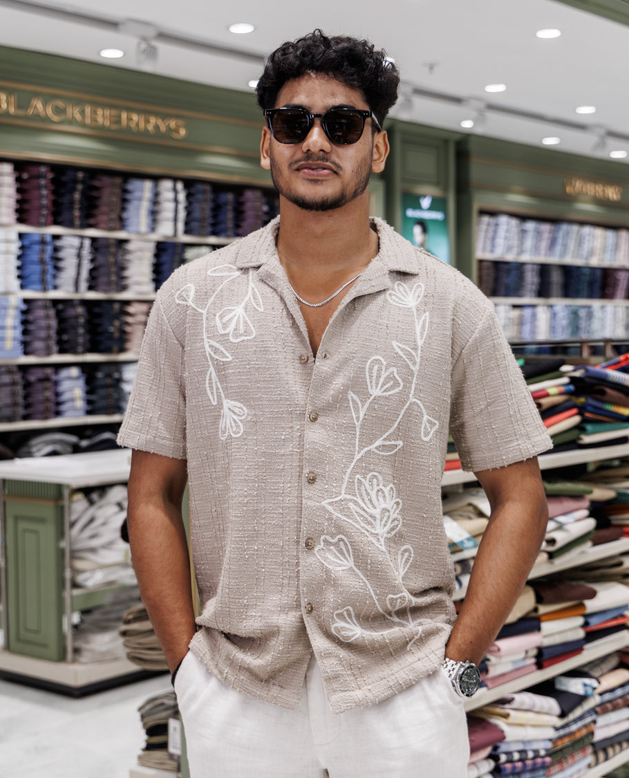 Beige Poly-Blended Casual Shirt