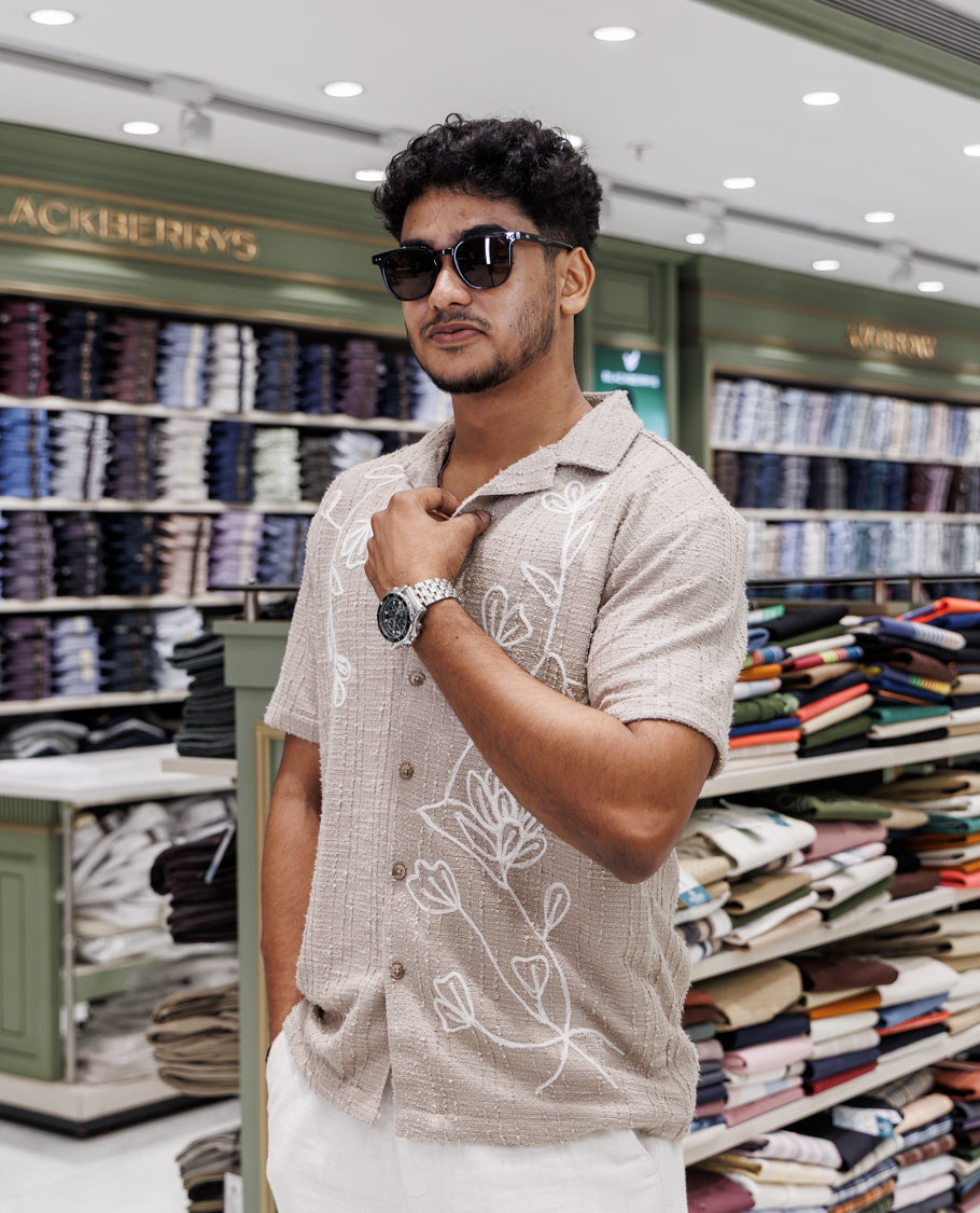Beige Poly-Blended Casual Shirt