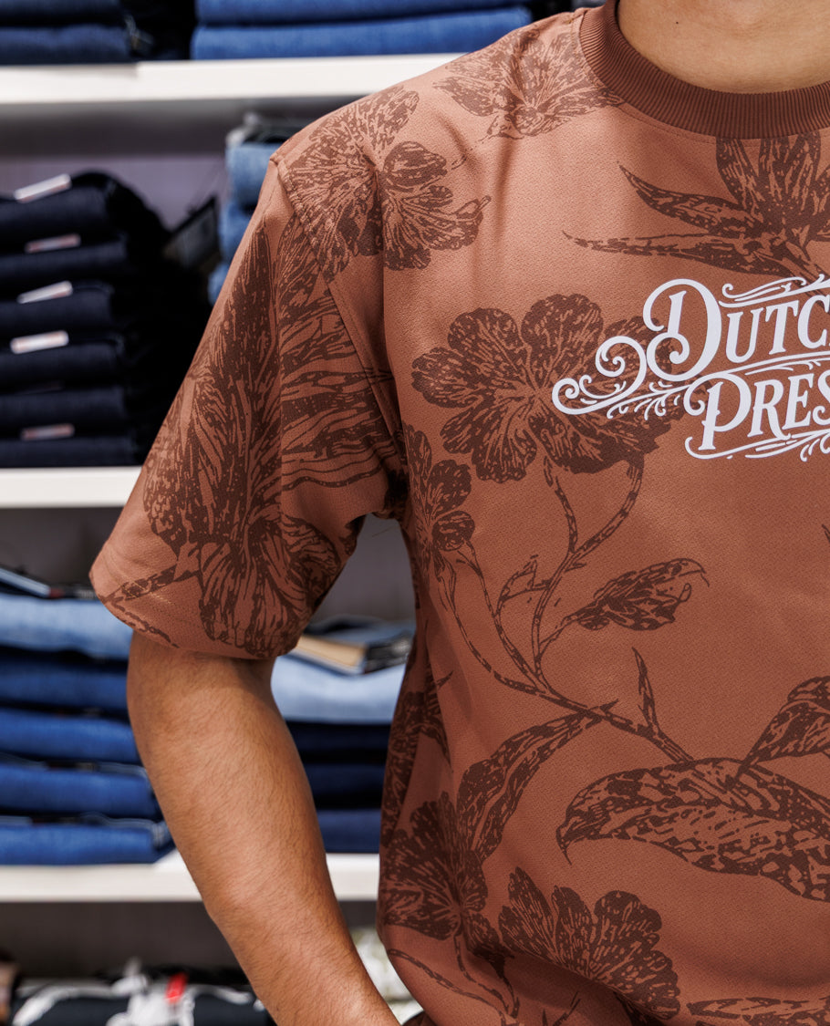 Brown Floral Print Cotton-Blended T-Shirt