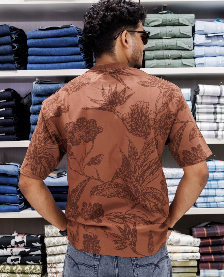 Brown Floral Print Cotton-Blended T-Shirt