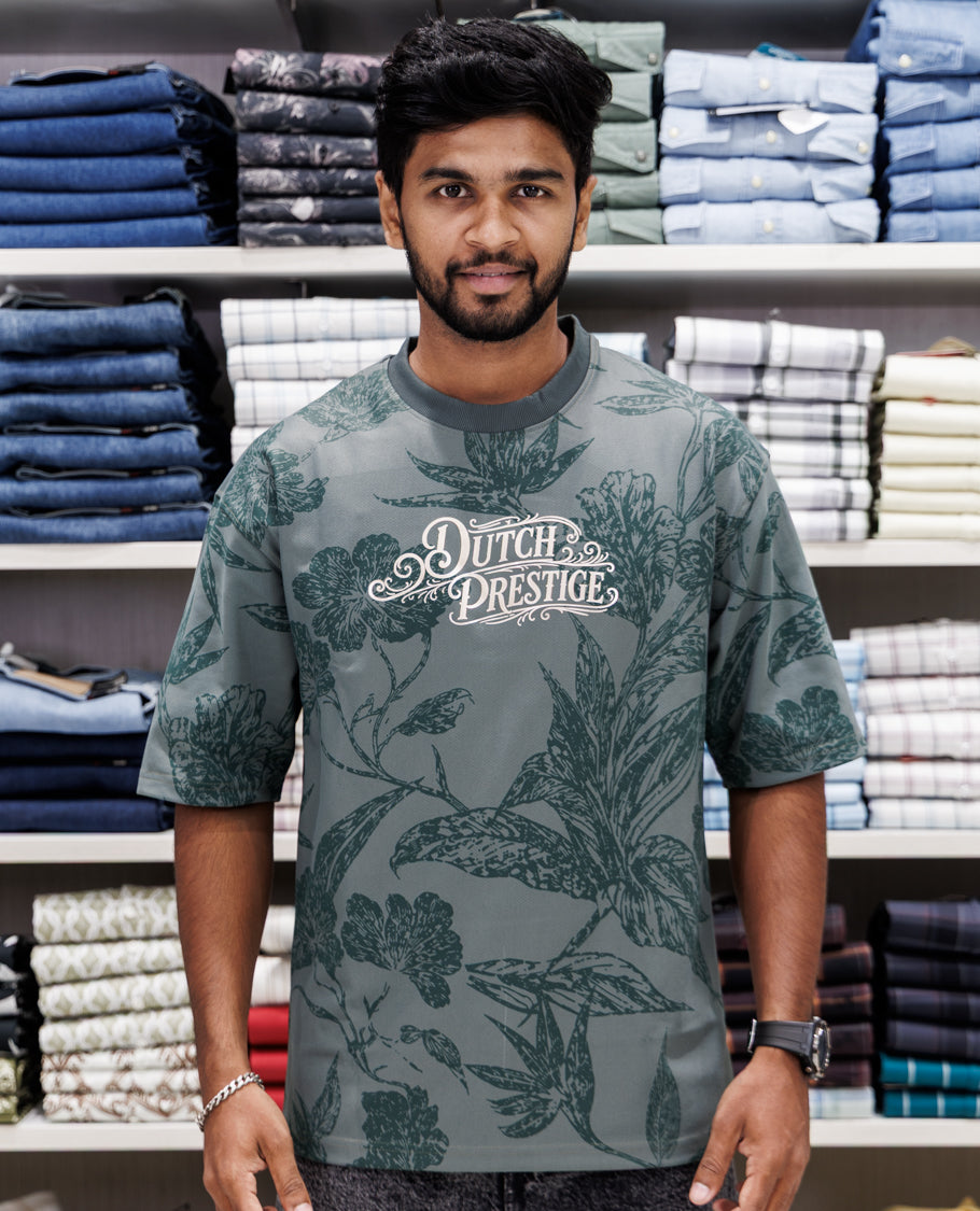 Green Floral Print Cotton-Blended T-Shirt