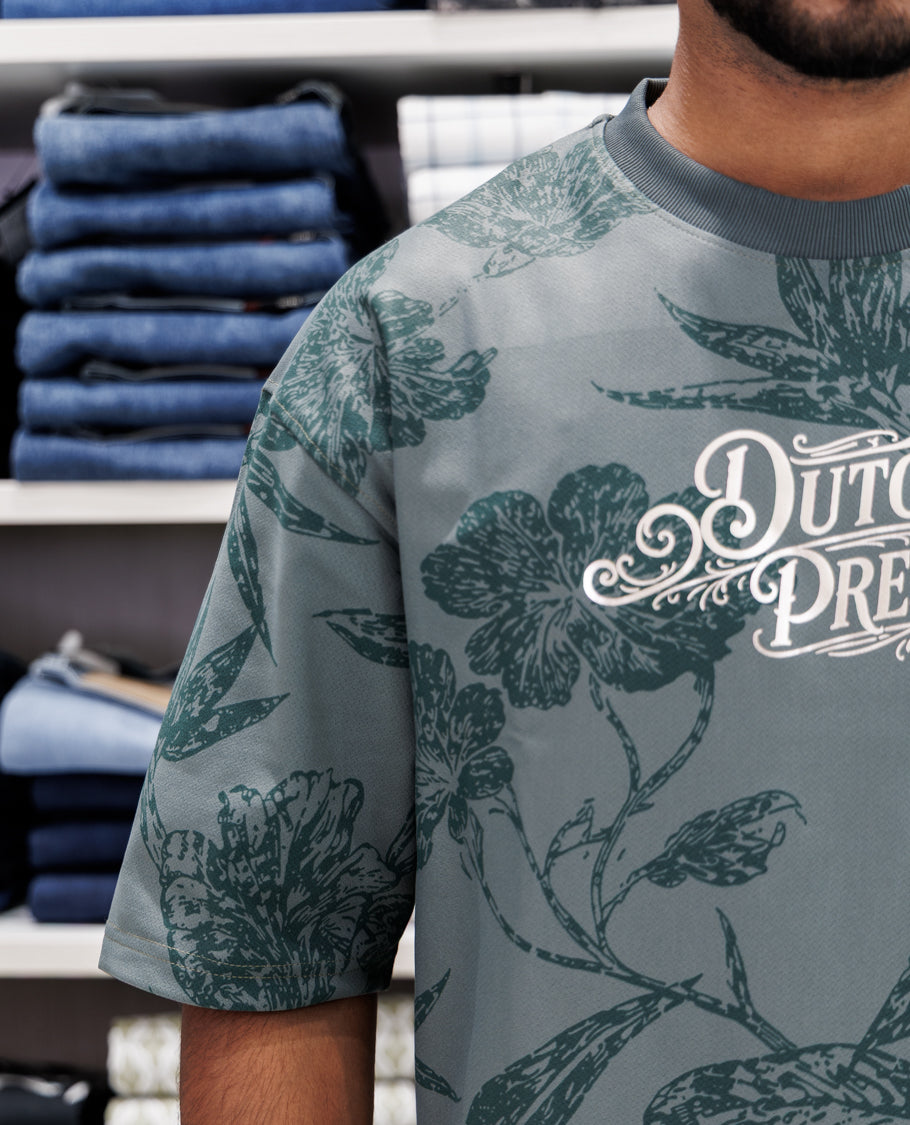 Green Floral Print Cotton-Blended T-Shirt