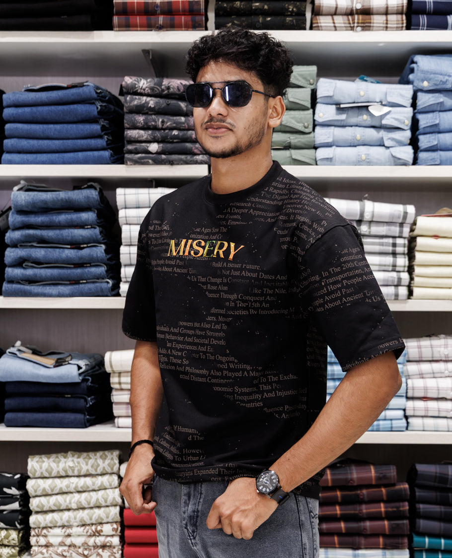 Black Round Neck Cotton-Blended T-Shirt