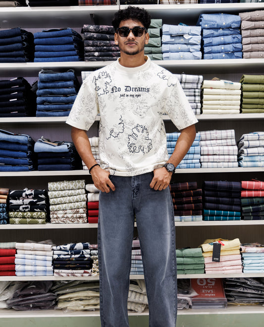 Cream Half Sleeves Cotton-Blended T-Shirt