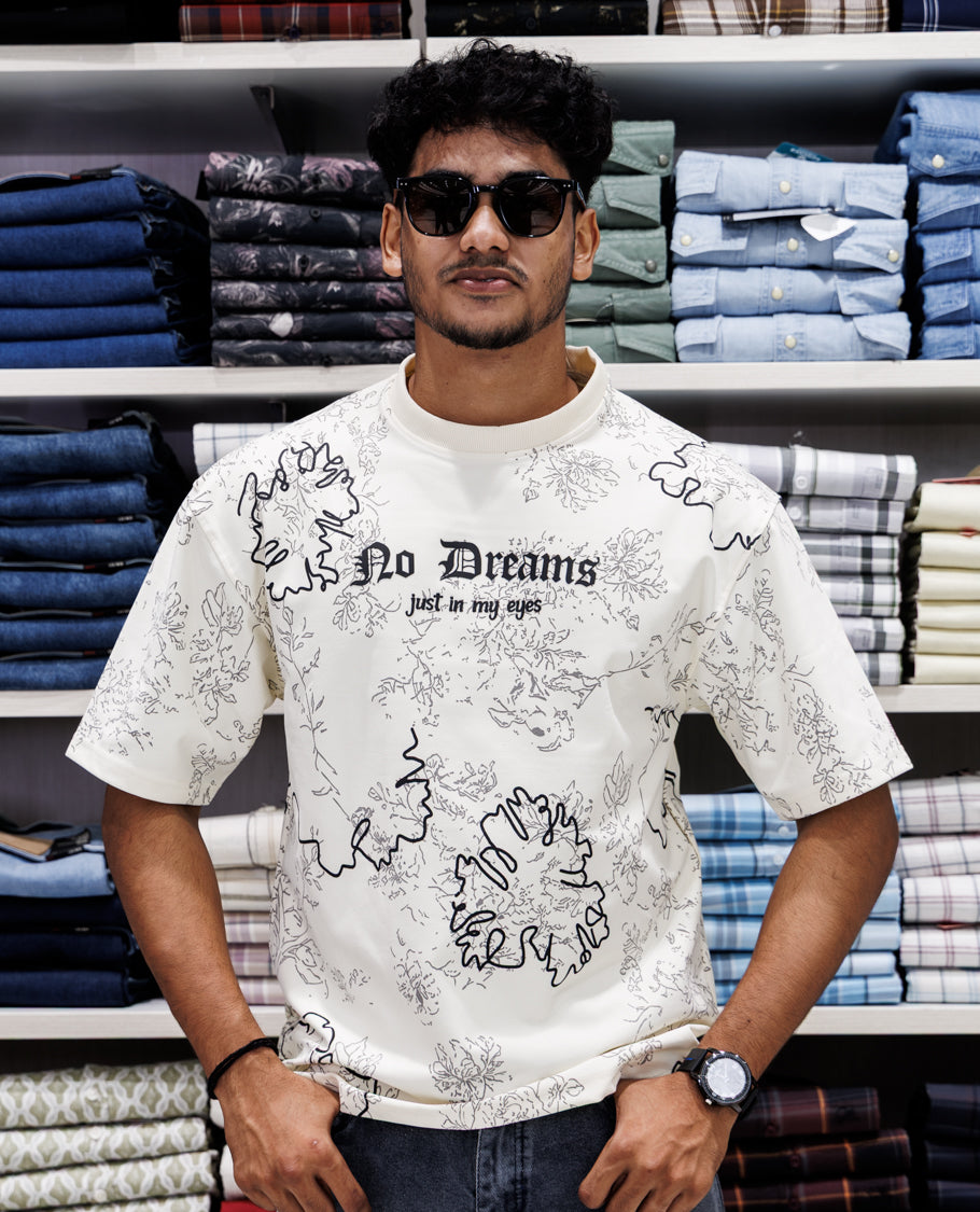 Cream Half Sleeves Cotton-Blended T-Shirt