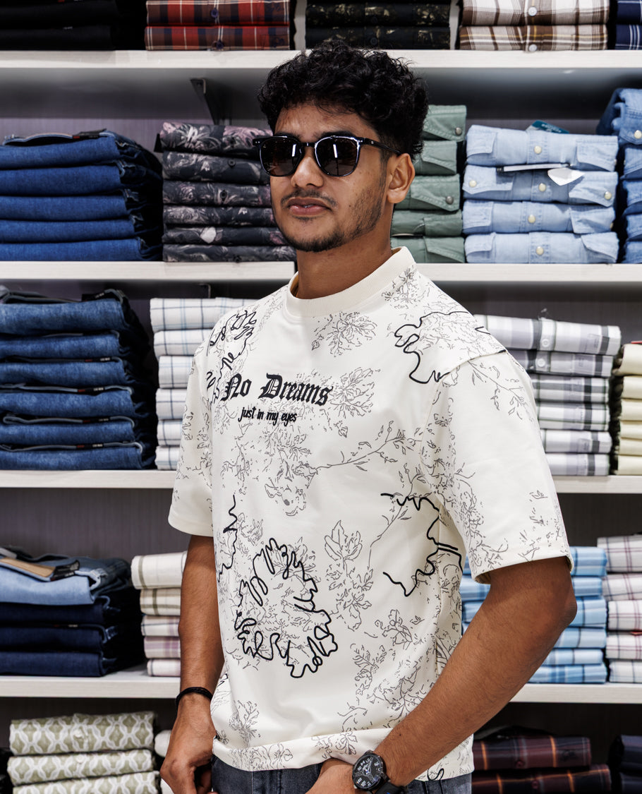 Cream Half Sleeves Cotton-Blended T-Shirt