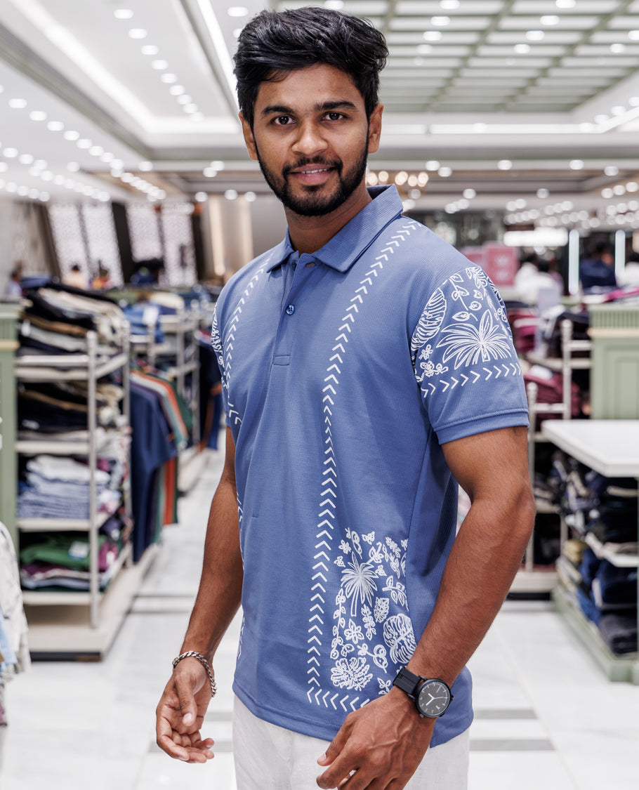 Blue Cotton-Blended T-Shirt