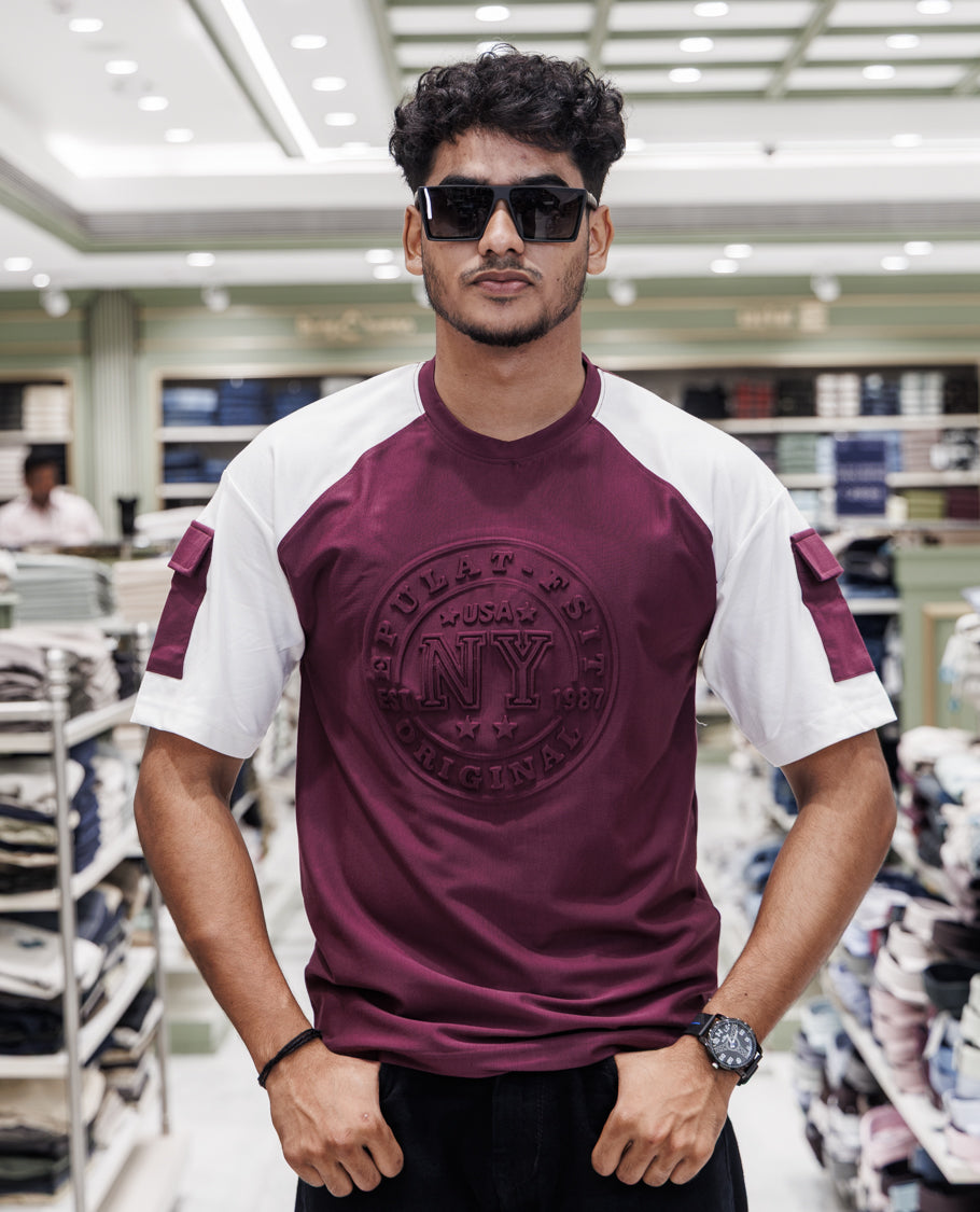 Burgundy Cotton-Blended T-Shirt