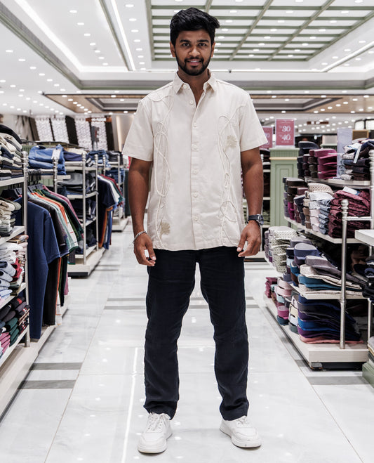 Cream Cotton-Blended Casual Shirt