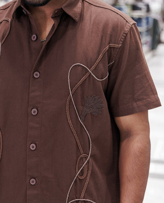 Coffee Cotton-Blended Casual Shirt