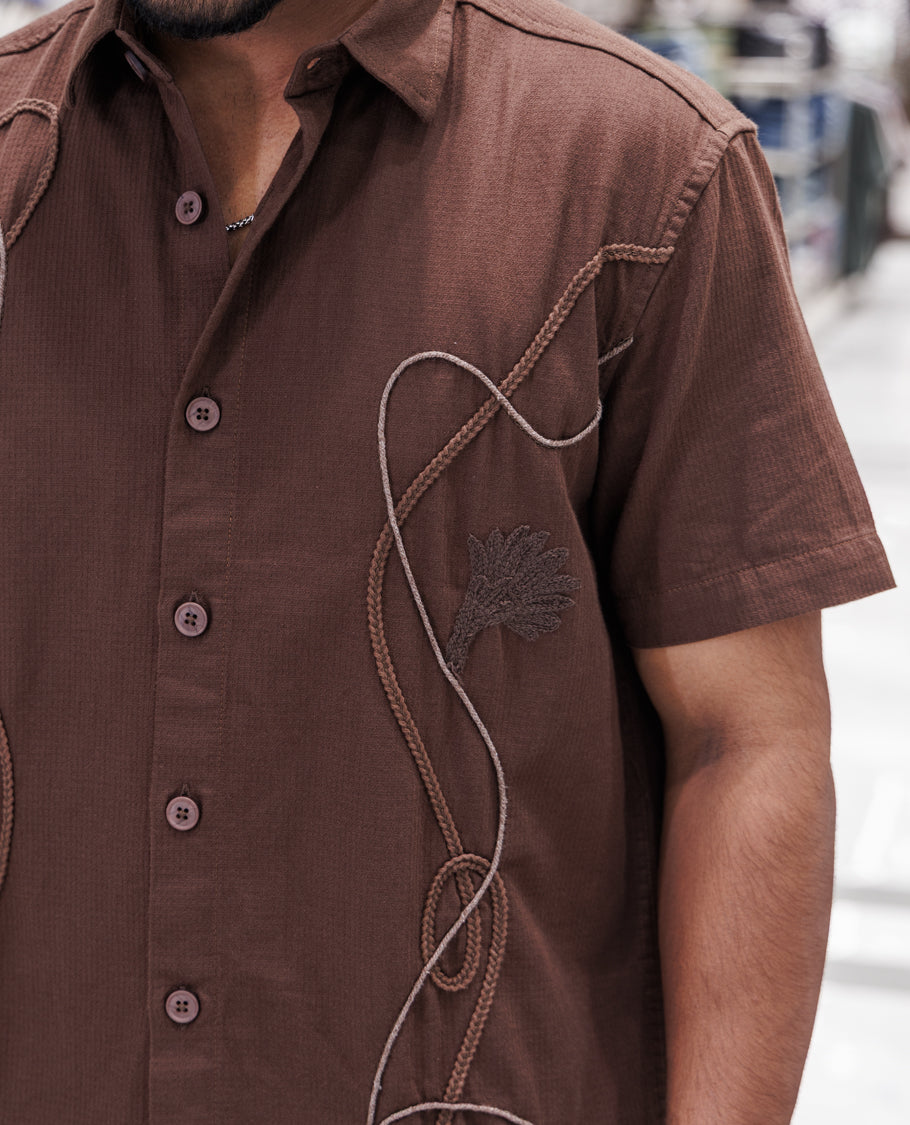 Coffee Cotton-Blended Casual Shirt