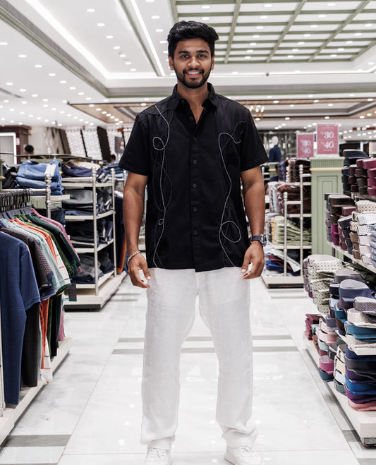 Black Embroidery Cotton-Blended Casual Shirt