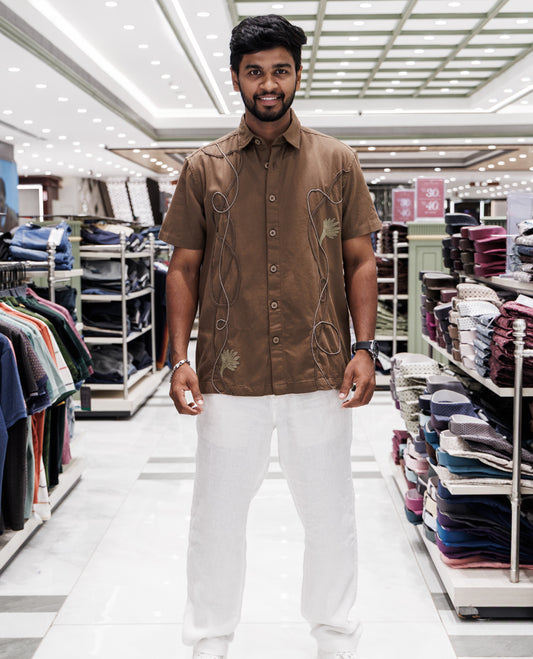 Brown Cotton-Blended Casual Shirt