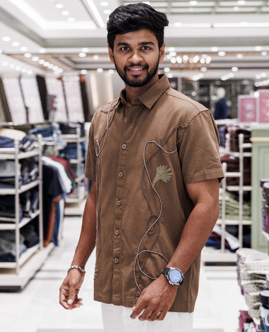 Brown Cotton-Blended Casual Shirt