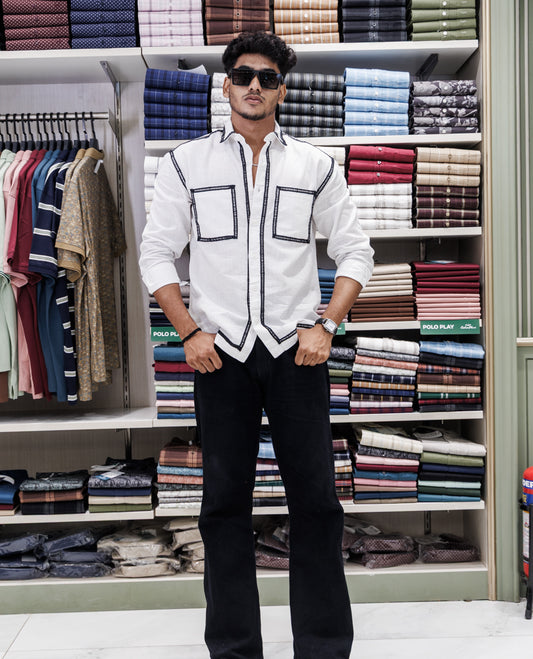 White Cotton-Blended Casual Shirt