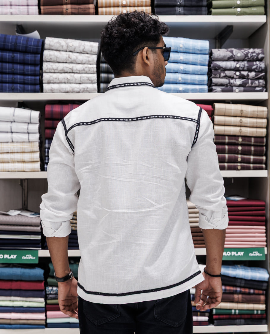 White Cotton-Blended Casual Shirt