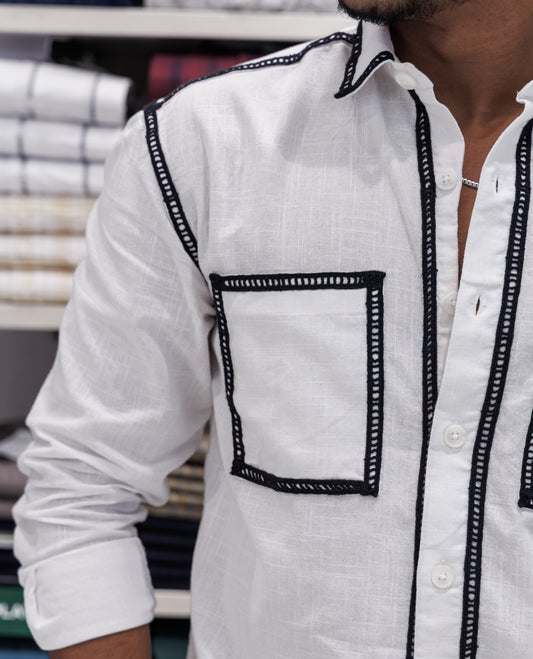 White Cotton-Blended Casual Shirt
