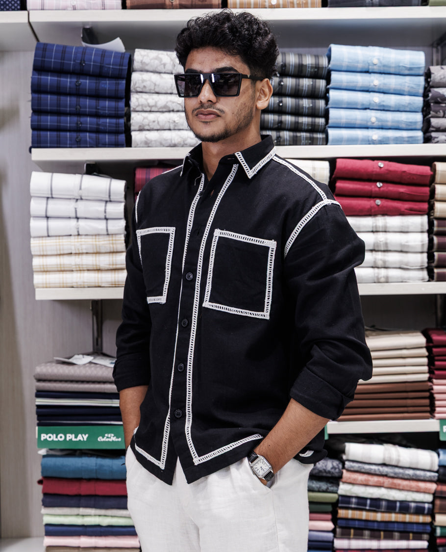 Black Cotton-Blended Casual Shirt
