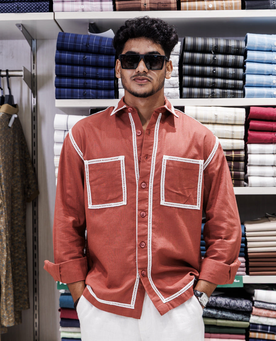 Rust Cotton-Blended Casual Shirt