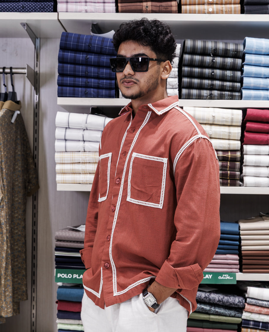 Rust Cotton-Blended Casual Shirt
