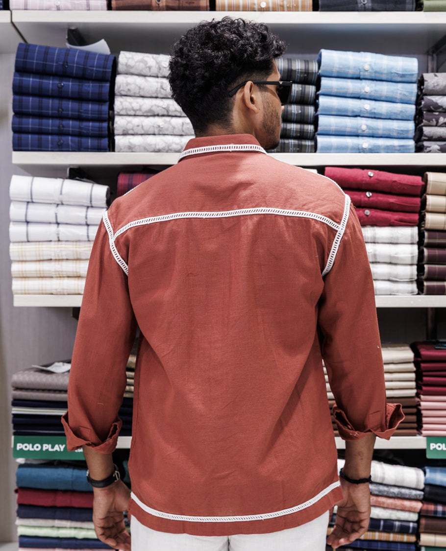 Rust Cotton-Blended Casual Shirt