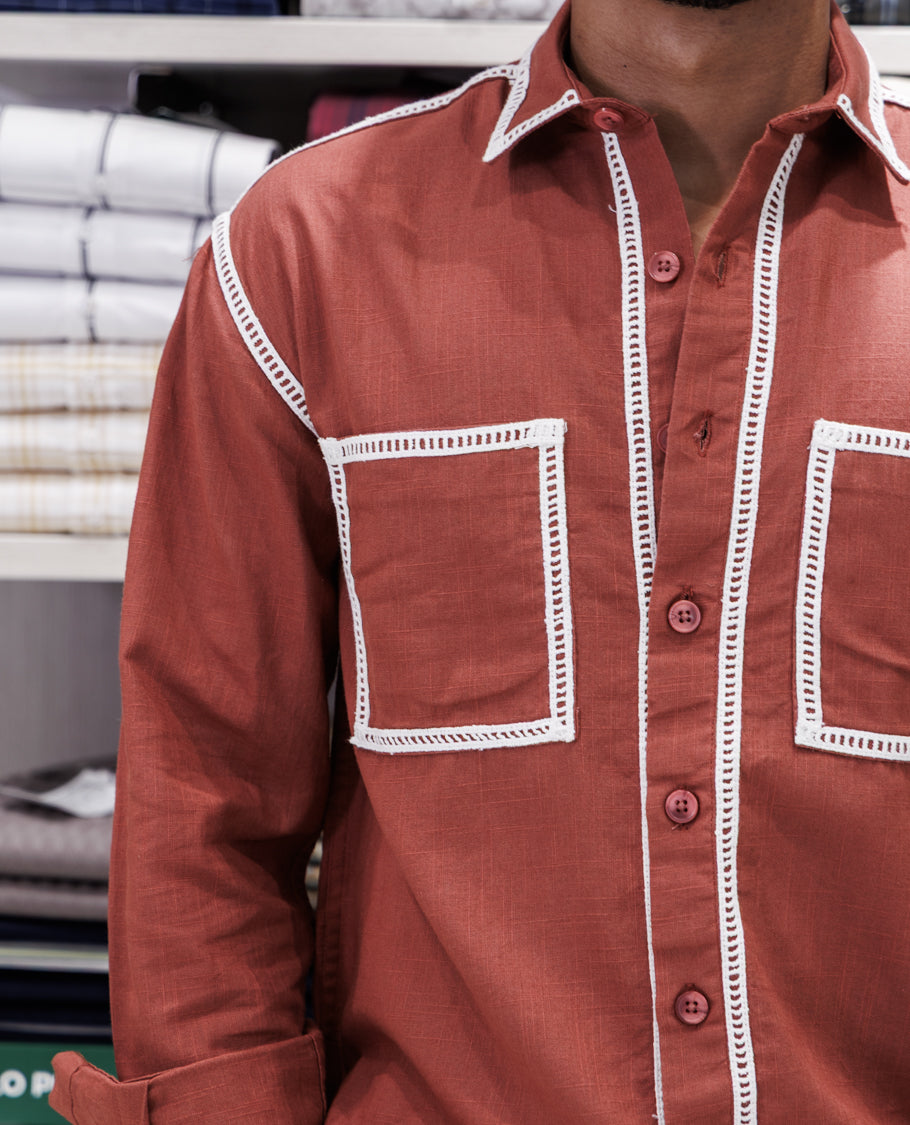 Rust Cotton-Blended Casual Shirt