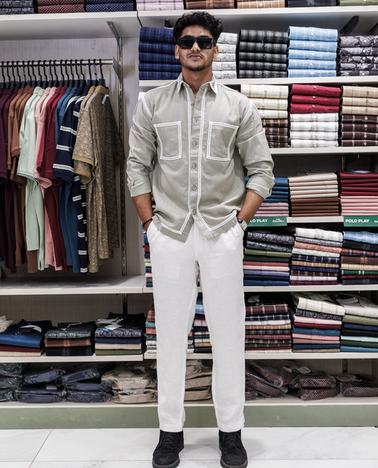 Green Cotton-Blended Casual Shirt